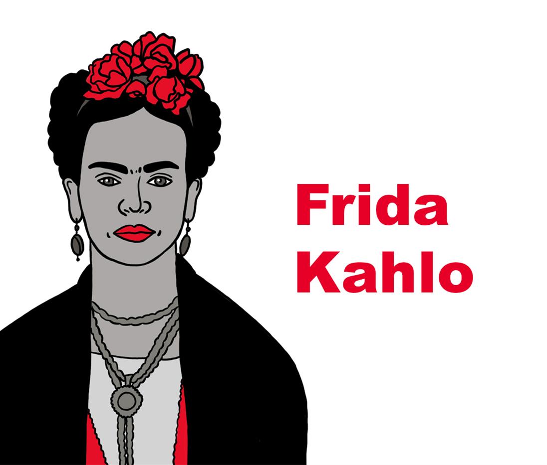 Auf dem Bild wird links Frida Kahlo in den Farben schwarz, grau und rot illustriert. Rechts daneben steht in großen roten Buchstaben der Name "Frida Kahlo".
Der Hintergrund ist weiß.